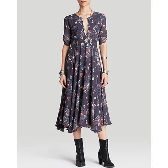 NEW Free People 2 XS Bonnie Dress Floral CottageCore Blue Fit Flare Boho Flowy - Picture 13 of 15